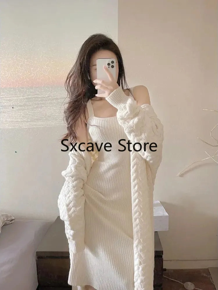 2 Piece French Sweater Cardigan + Elegant Strap Dress
