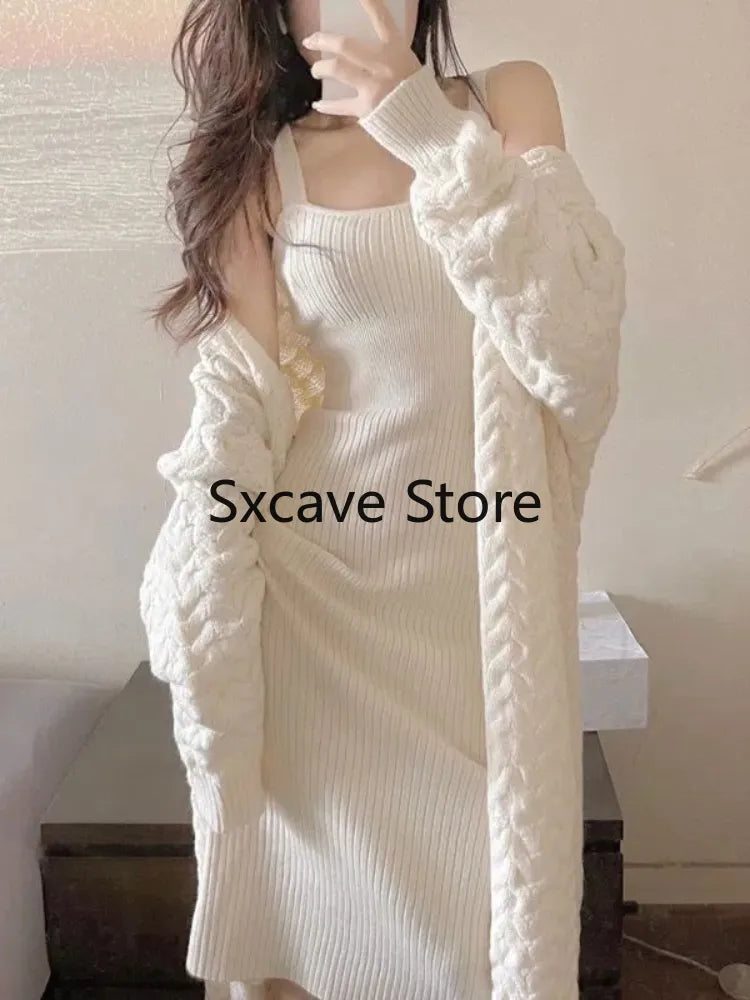 2 Piece French Sweater Cardigan + Elegant Strap Dress